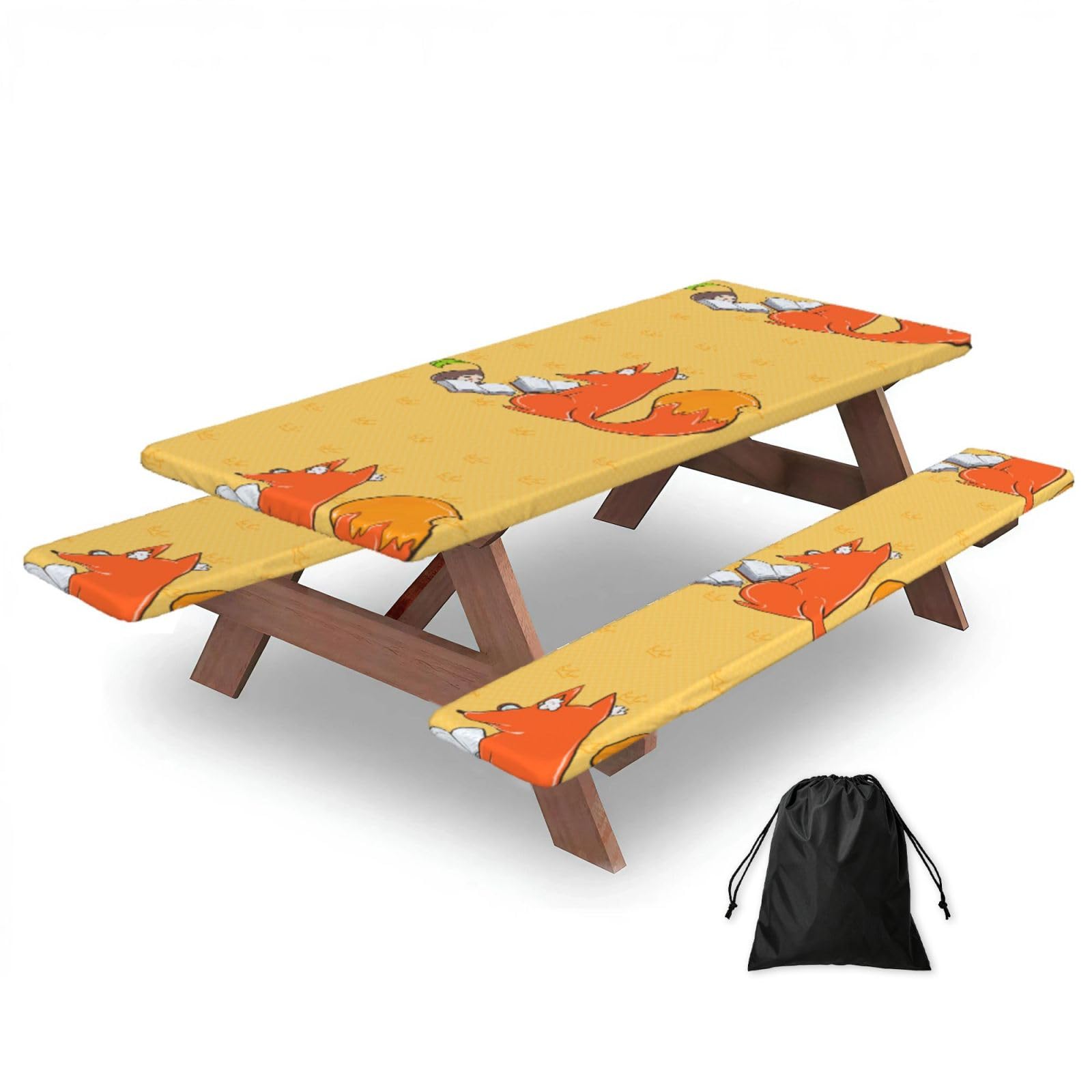 Hhbiuuo Black 72In Camping Table Cover & Bench Covers 3-Pack Set, Sunflower Seeds And Foxes Print Tablecloths, For Rectangle Tables Picnic