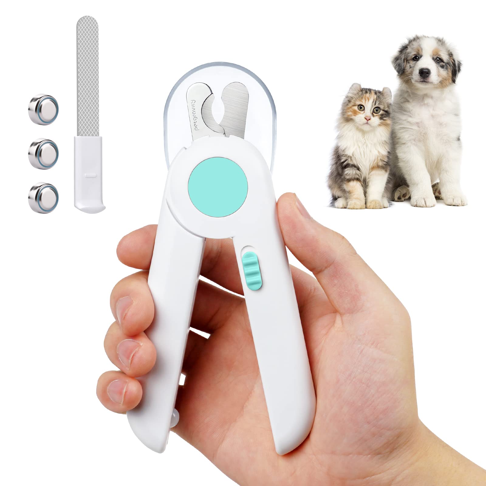 Adiwo Nagelknipser mit Led-Licht für Hunde Katzen, 2-in-1 Krallenschere und Hundenagelschleifer mit Nagelfeile und Spritzfest Schutzvorrichtung für Hunde Katzen Kaninchen und Weitere Haustiere, Blau
