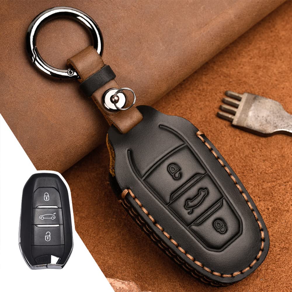 Autoschlüssel Hülle Passt für Peugeot 3008 208 508 Schlüsselhülle Cover in Leder Schutzhülle für Citroen C4L DS5 DS6 für Opel Grandland X Schlüsseletui Fernbedienung Schlüsselbund-Schwarz
