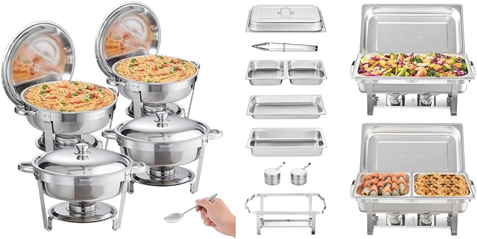 VEVOR Stainless Steel Chafing Dish Buffet Set, 6 Qt 4 Pack & 8 Qt 2 Pack with Full & Half Size Pans, Round & Rectangle Catering Warmer Server