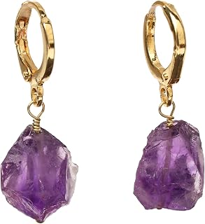 Gempires Amethyst Raw Hoop Earrings, Dainty Dangle Drop, Rough Crystal Earring, Everyday Wear, 14k Gold Hoops, Gift for Her (Amethyst)