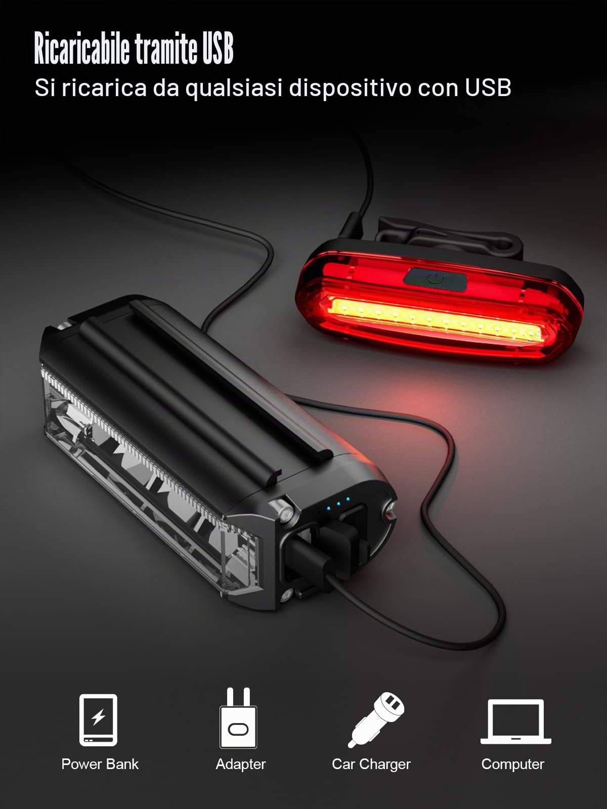 Luci Bicicletta LED, UNBON Luci Bici Ricaricabili USB Luce Bici Anteriore e Posteriore Potente 5 Modalità Luce Bicicletta Impermeabile IPX5 per Guida Notturna MTB Bici Strada e Montagna