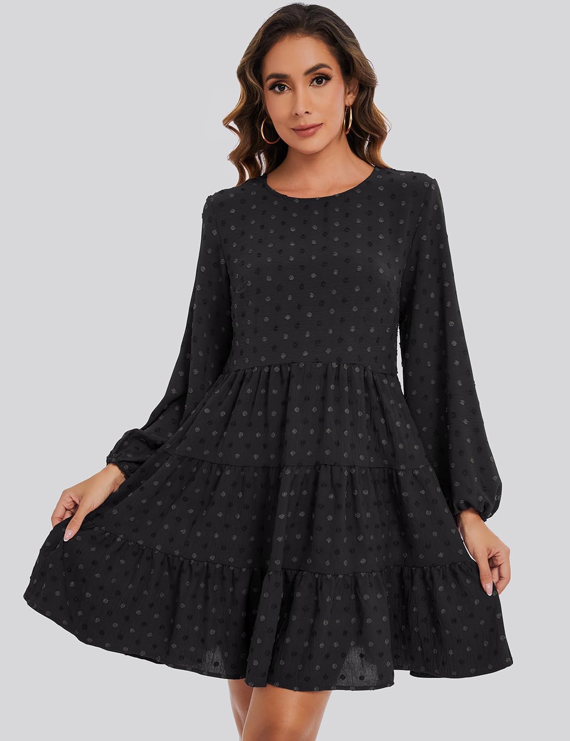 ROYLAMP Women's Swiss Dot Long Sleeve Dress Crew Neck Tiered Ruffle Boho Mini Dressy Flowy Casual Tunic Dresses - Image 4