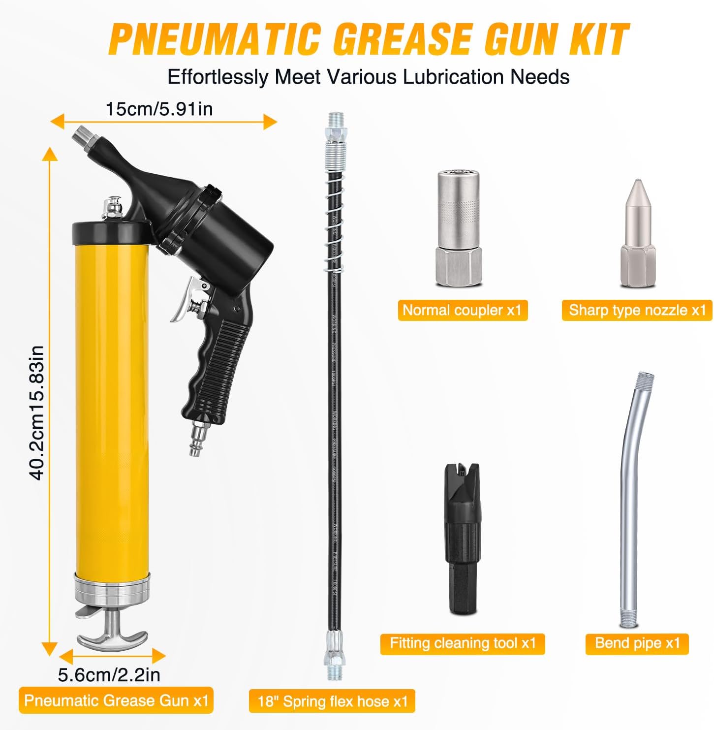 GOOACC Pneumatic Grease Gun 6000 PSI 14oz Heavy Duty Air Operated Grease Gun Kit with 18" Spring Flex Hose Rigid Pipe Coupler Pistol Grip Grease Guns for Automotive Farm Industrial Marine, Yellow 6PCS