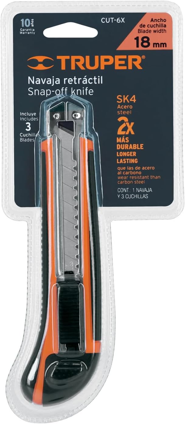 Truper 18 mm Snap-Off Knife, Grip, SK-4 Steel, 3 Blades Included, Utility-Knives, 6 inches, Alloy Steel