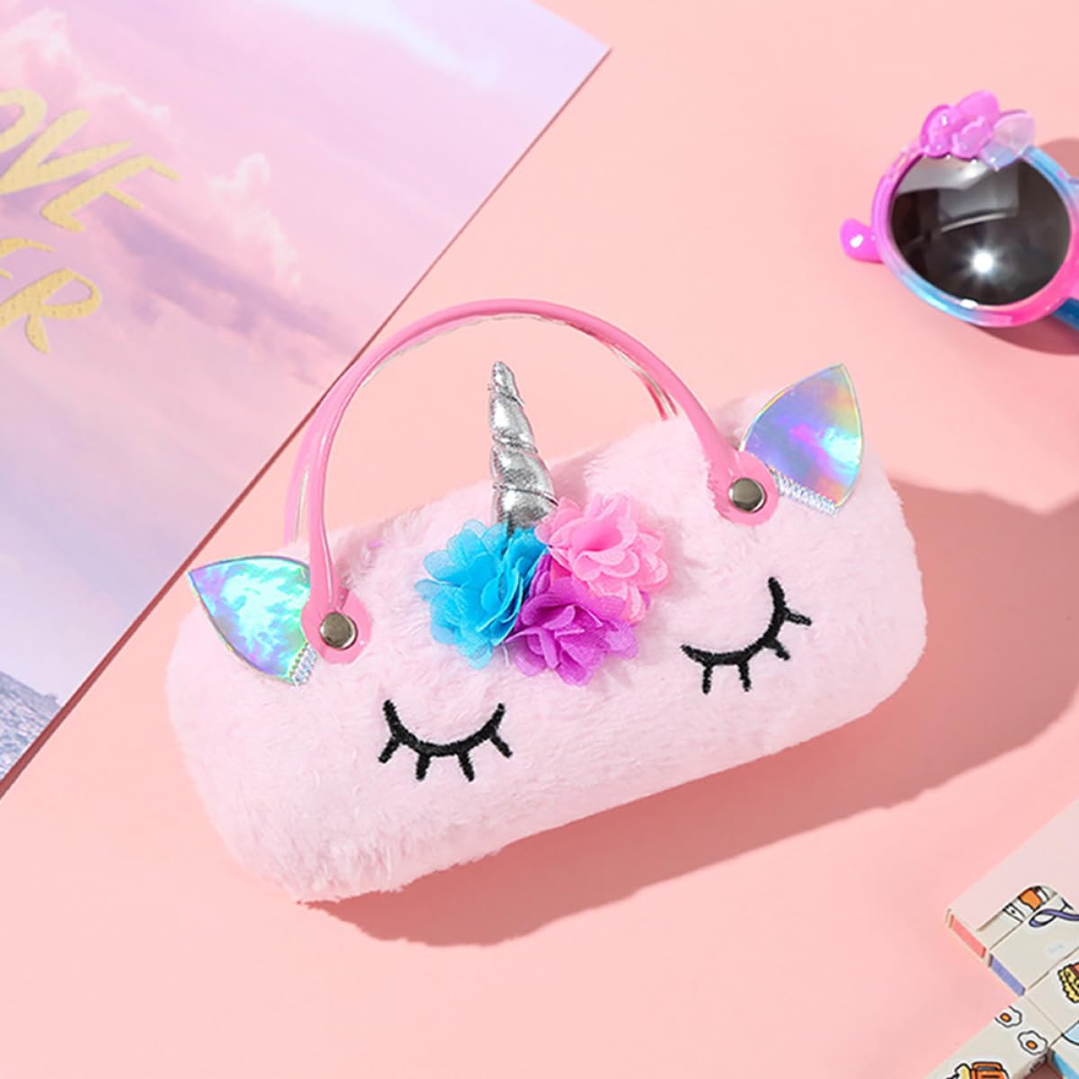 Healeved Custodia Portatile per Occhiali da 2 Pezzi in Peluche Design Unicorno, Protegge dagli Urti, per Riporre Occhiali da Lettura da Sole in Viaggio o Uso Quotidiano