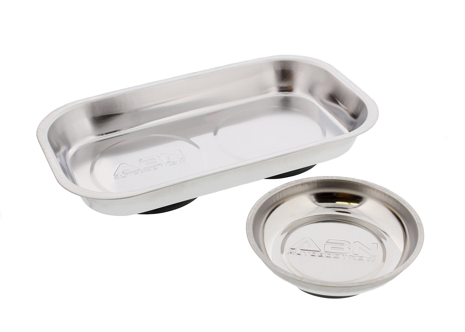 ABN Magnetic Tool Tray Set - 2 Pack Rectangle and Round Steel Mechanics Magnetic Parts Trays to Store and Organize