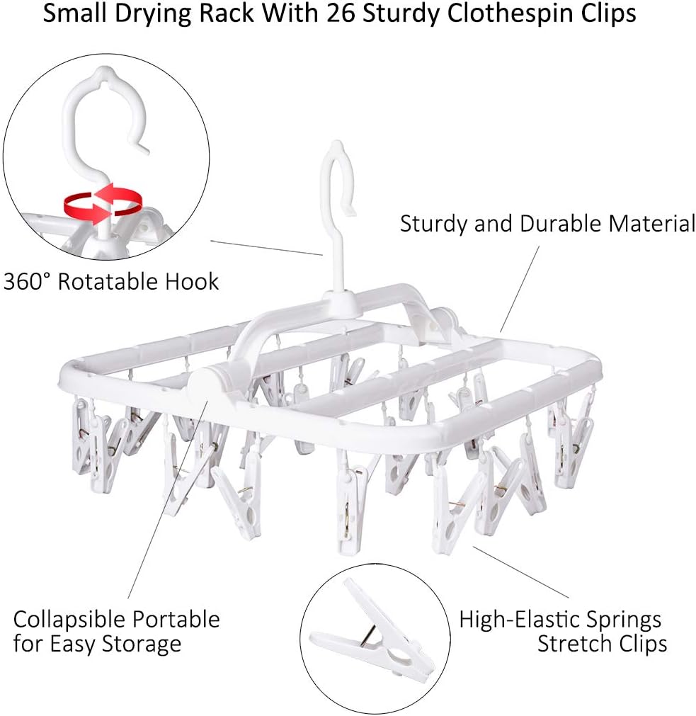 Annaklin Foldable Plastic Hangers with 26 Drying Clips, Underwear Hanger with Clips, Plastic Laundry Clip and Drip Drying Hanger for Socks, Bras, Lingerie, Clothes, Sturdy, White, 2pc