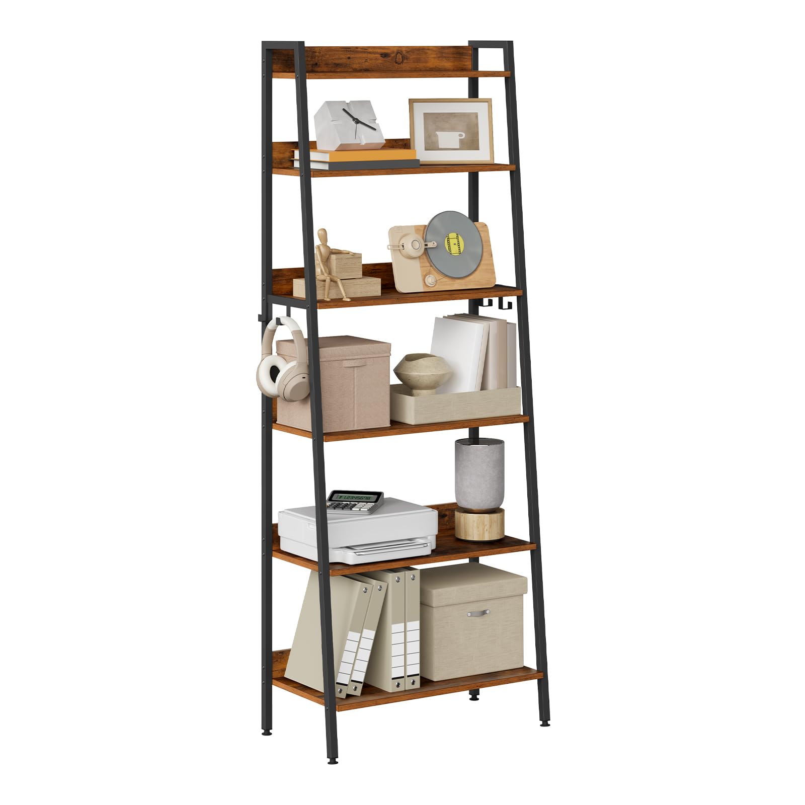 WOLTU Bücherregal Standregal mit 6 Ebenen, Küchenregal mit 4 Haken, im Industriestil, Lagerregal im Wohnzimmer Küche, Regal aus MDF Metall, schmales Leiterregal