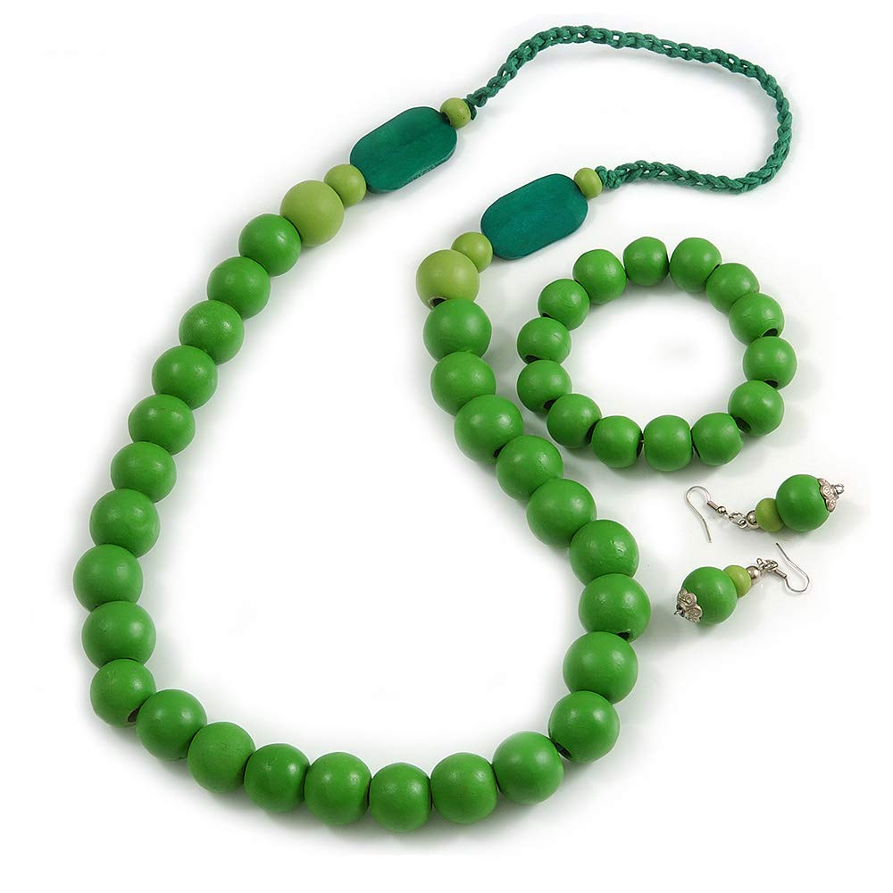 Avalaya Set di collana con perline in legno verde erba grossa, braccialetto flessibile e orecchini pendenti, lunghezza 80 cm, Misura unica, Legno corde Legno