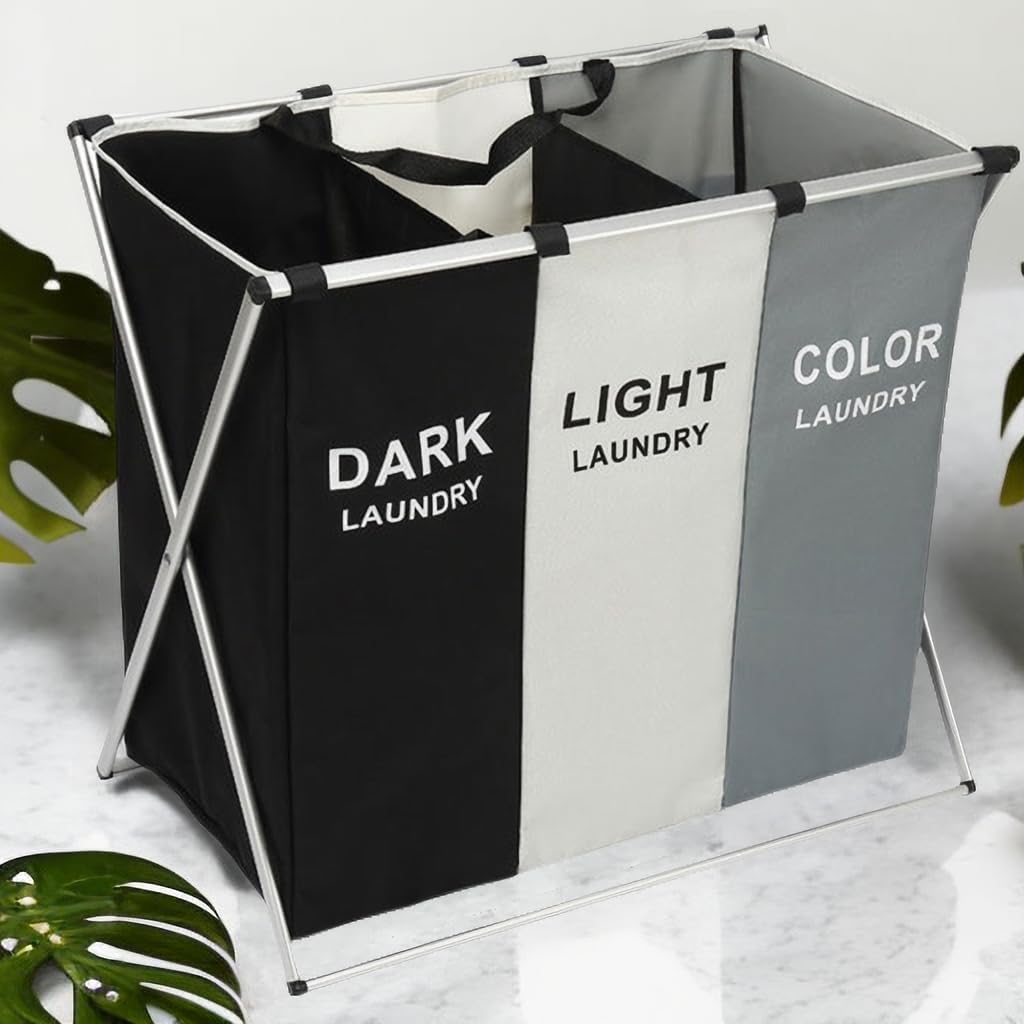 Laundry Basket 3 Section,Foldable Dirty Laundry Hamper, Hampers for Laundry,Clothes Baskets With Side Pocket,Laundry Sorter（Black and white gray）
