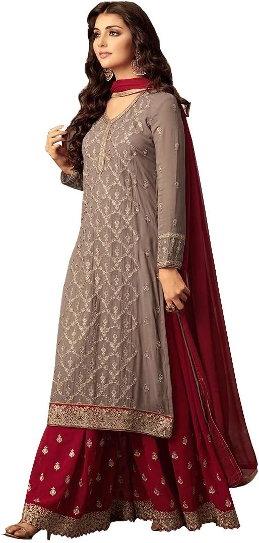 Indian Pakistani Dresses for Women Palazzo Style Embroidered Salwar Kameez Suit 47001 (Red, XL-44)