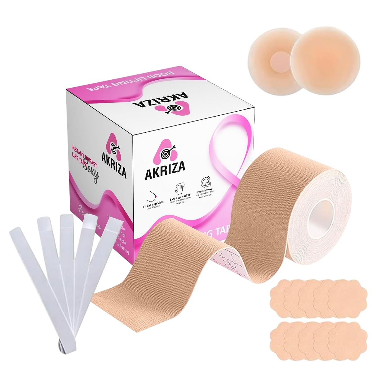 Boob Tape kit - Instant Boob Lift Tape with 10 Reusable Nipple Pasties, 36 Double Sided Fashion Strips for Cloth and 1 Pair Silicone Nipple Cover for Women (Biege)