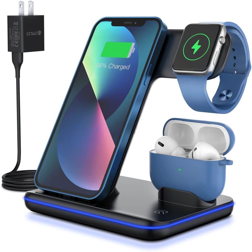 WAITIEE 3 in 1 Wireless Charger 15W Fast Charging Station for Apple iWatch Series SE/7/6/5/4/3/2,AirPods 3, Compatible with iPhone 13 Pro/Pro Max/Mini/12/11 Series/XS/XR/Samsung (Black)
