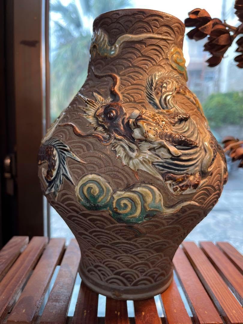 シーサー ホーム＆キッチン 波模様 龍彫刻 陶器花瓶 琉球 骨董 やちむん 龍