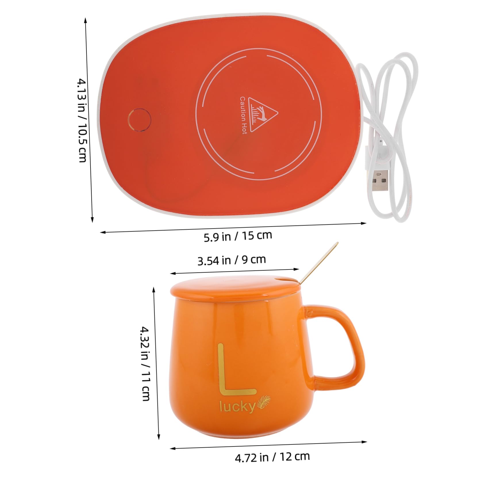 Scalda Tazza Elettrico in Ceramica Arancia con Funzione Antiscivolo e Antiscaldamento, per Ufficio e Feste di Natale con Coperchio e Cucchiaio