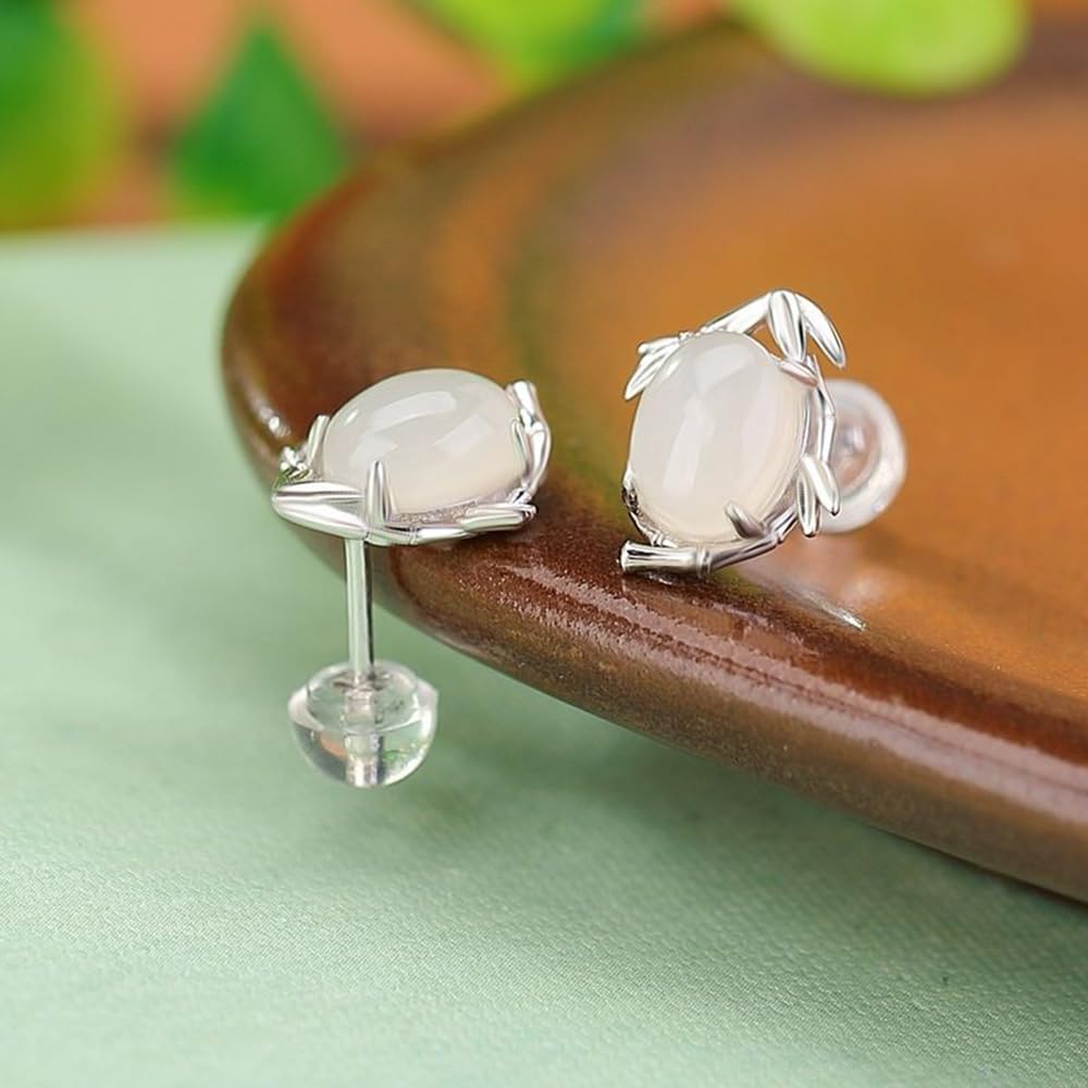 Pendientes de tuerca de plata S925 con incrustaciones de hoja de bambú de jade blanco natural para mujer, Large, Jade, Sin piedra preciosa