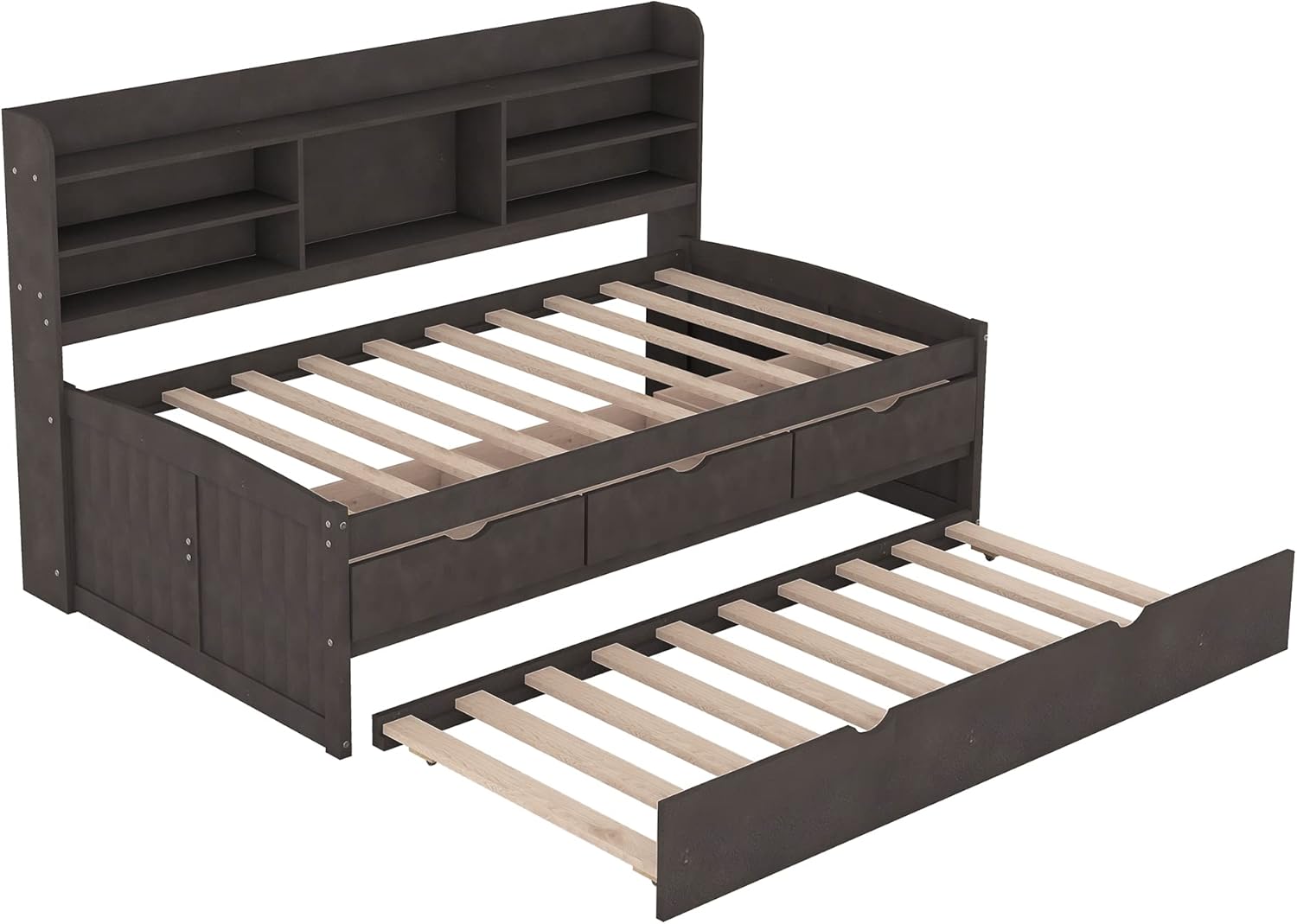 Merax Twin Corner Bed Frame with Bookcase Storage, Daybed with Trundle & 3 Drawers Solid Wooden Platform Bedframe Captain Bed for Living Room,Bedroom & Guest Room, Brown