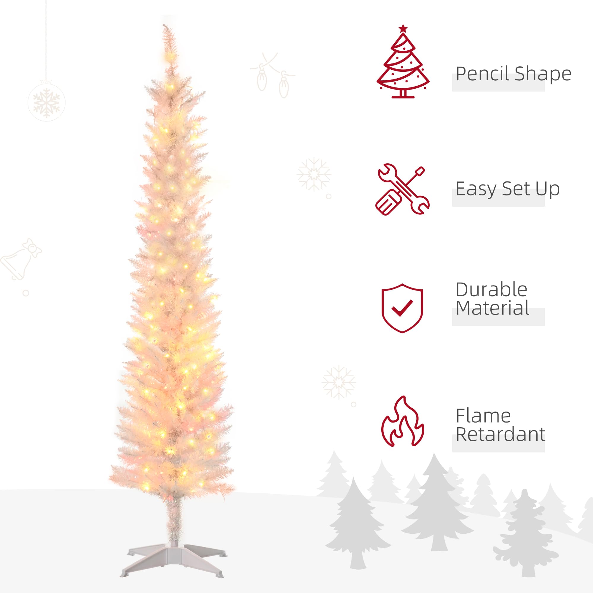 HOMCOM 6ft Prelit Slim Artificial Christmas Tree - Colorful LED Lights, White, Flame Retardant