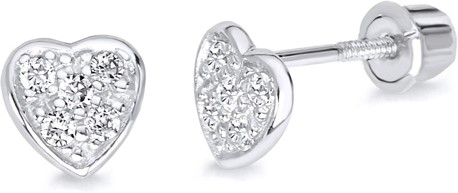 14k White Gold Heart Stud Earrings with Screw Back
