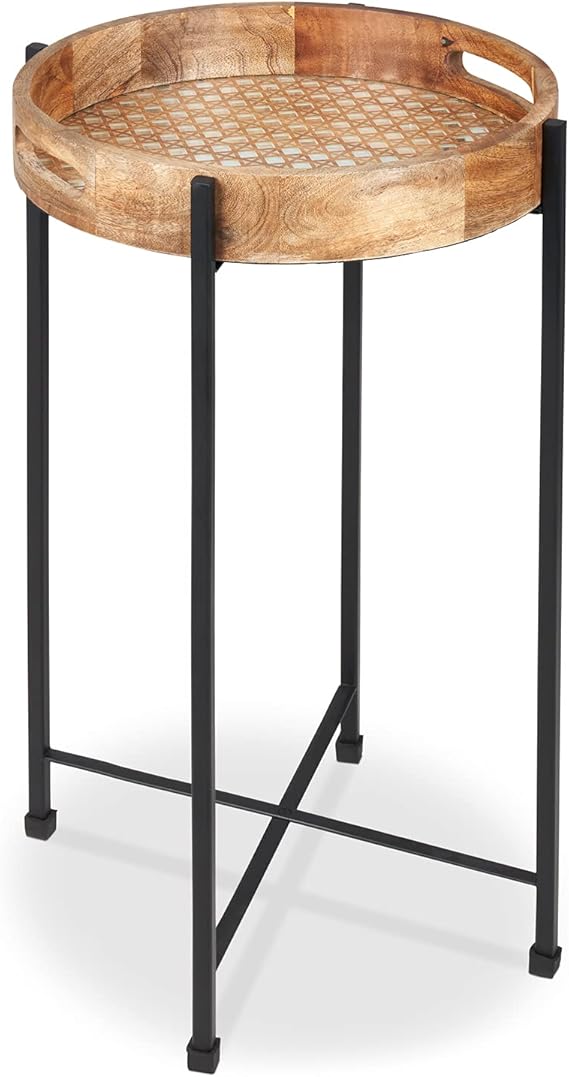 Round Wood & Metal Side Table, Removable Tray, HandMade in