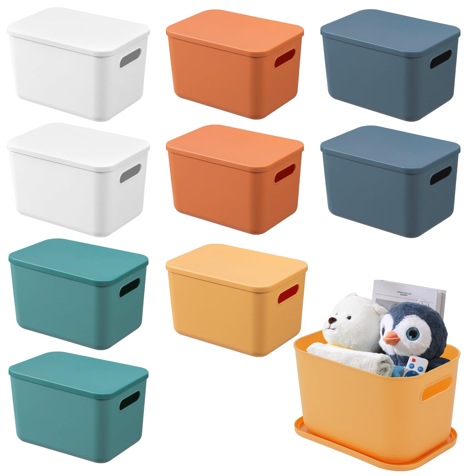 HAOTIAN-X 10 Pieces Storage Containers with Lids, Closet Organizers in 5 Colors, Stackable Plastic Baskets with Handles, Storage Bins for Bathroom, Kitchen, Office