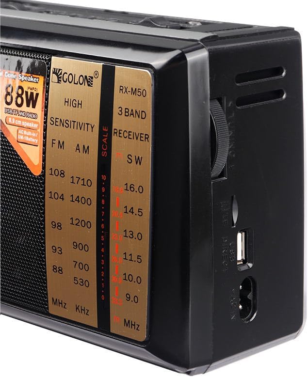 Side view of the GOLON RX-M50BT radio, showing the tuning knob, USB port, and AC IN port.