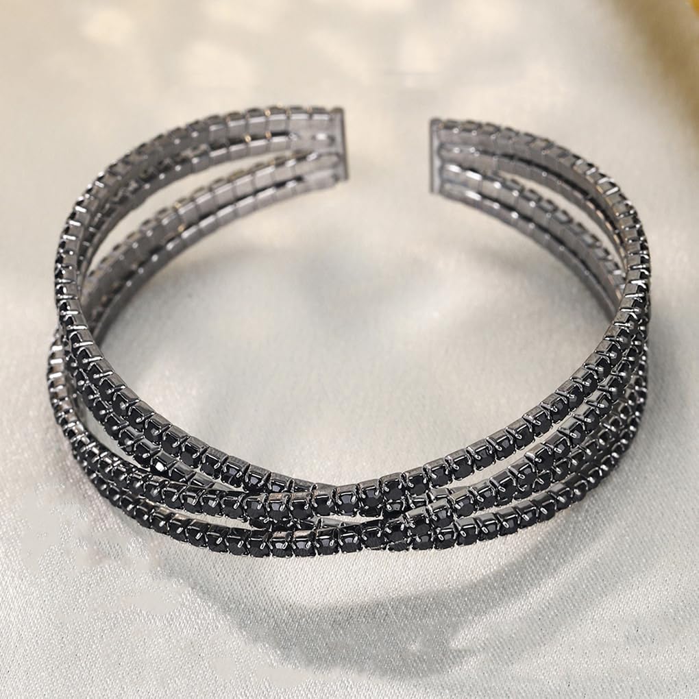 FUTIMELY Chunky Rhinestone Open Cuff Bracelets,Glittering Layered Cubic Zirconia Bangle,Aesthetic Black Crystal Geometric Bracelets for Party Prom Wedding - Image 5
