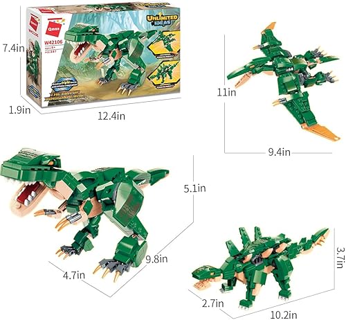 Miniatura 7 de QMAN Bloques de construcción de juguete de dinosaurio 3 en 1 para niños de 6 a 12 años, juguete educativo de construcción de dinosaurios jurásicos