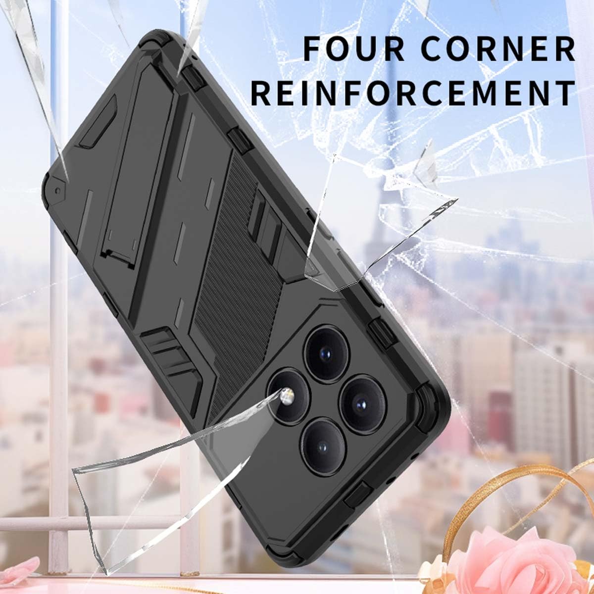 GOKEN Cover Per Xiaomi Poco X5 Pro 5G – Custodia Ibrida TPU/PC Con Supporto E 2 Vetri Temperati, Militare Antiurto, Nero - 2