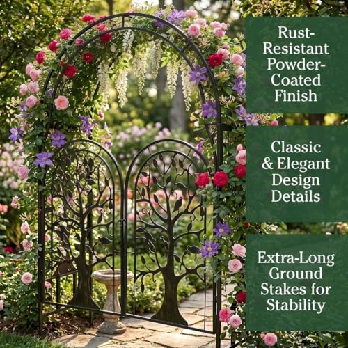 Image of Plow & Hearth Metal Tree of Life Arched Garden Arbor with Gate | 7 feet Tall Laser-Cut Design | Plant Support for Heavy Vines | Landscape Focal Point | Iron Steel