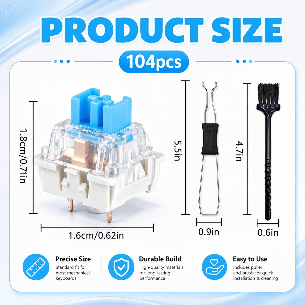 104 Pcs Mechanical Keyboard Switches for Full Size Keyboards, 3-Pin Replacement Kit Includes Keycap Puller, Soft-Bristle Cleaning Brush and Storage Box - Professional Bundle
