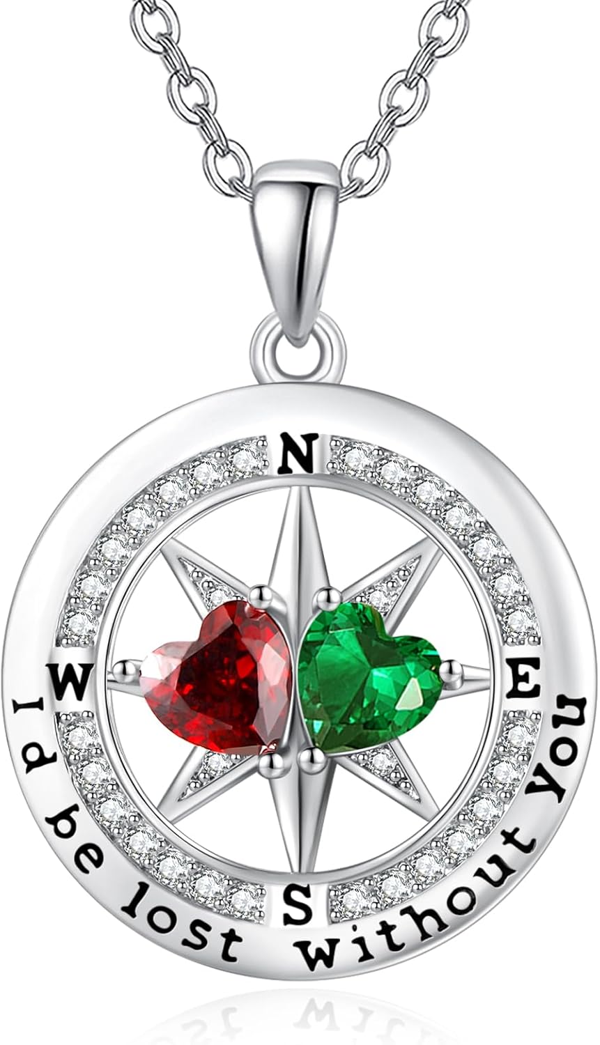 JIYVY32 Compass Necklace for Women, Exquisite S925 Valentines Day Anniversary Birthday Gifts for Wife Her Double Birthstone Pendant Jewelry ‘I'd be Lost Without You’