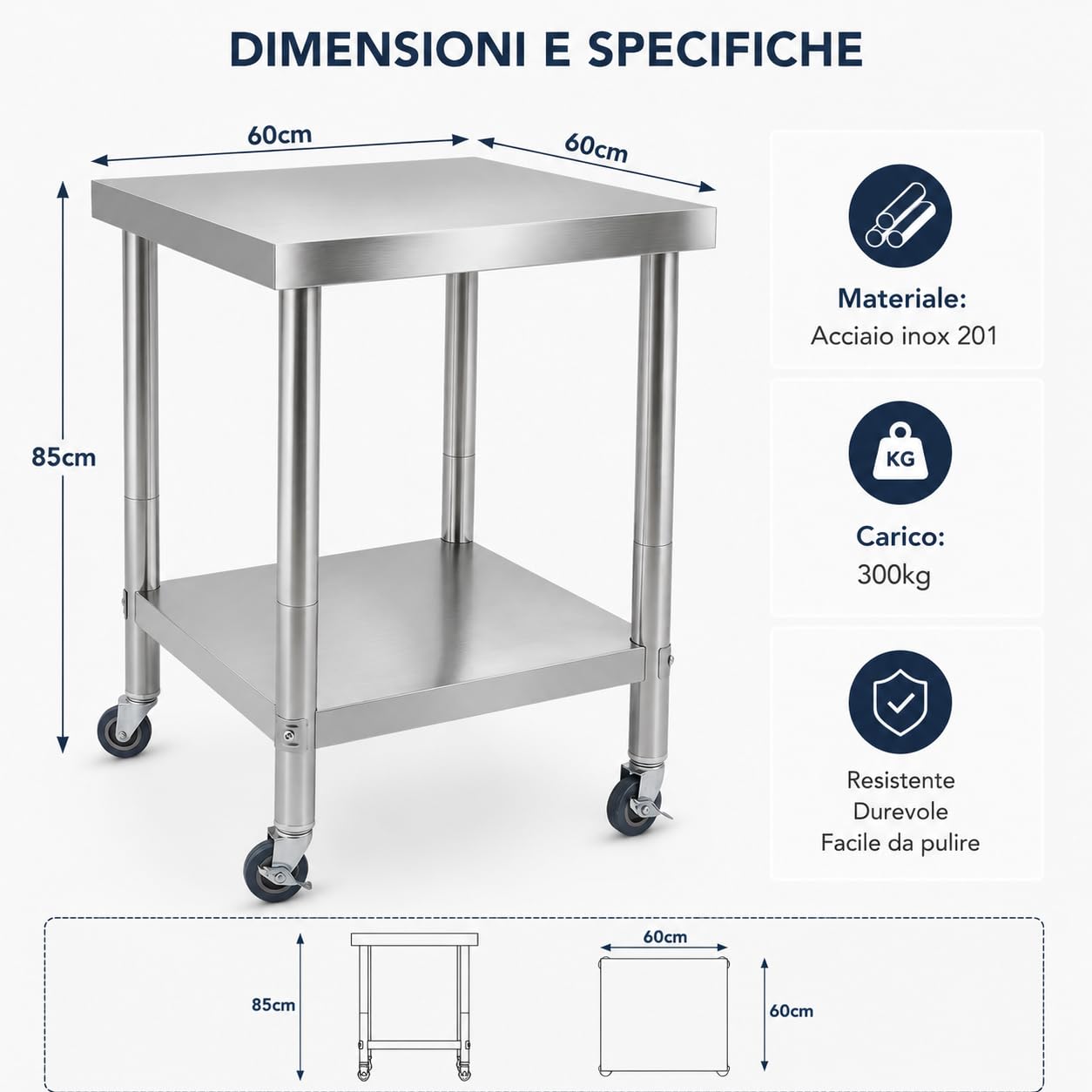 SHZICMY Mesa de trabajo de acero inoxidable con ruedas, 60 x 60 x 85 cm, para cocina, cocina, cocina, cocina, cocina, cocina, cocina, bar, carga de 300 kg
