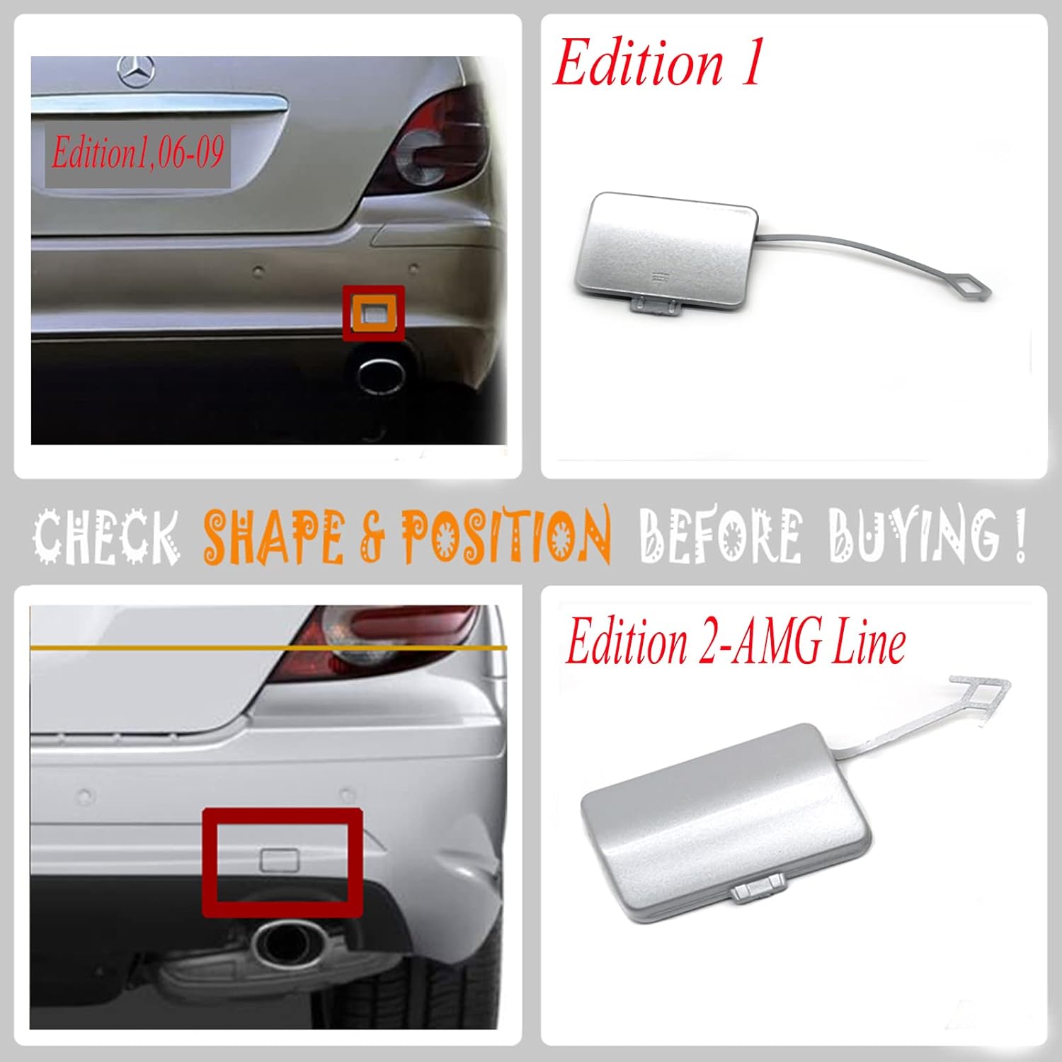 Rear Tow Cover Fit 06-09 Mercedes Benz R Class W251 V251 for R280 R300 R320 R350 R500 R550 R63 AMG 2006 2007 2008 2009 bumper towing Hook Eye Cap 2518850223 2518852123 (Edition1,White)