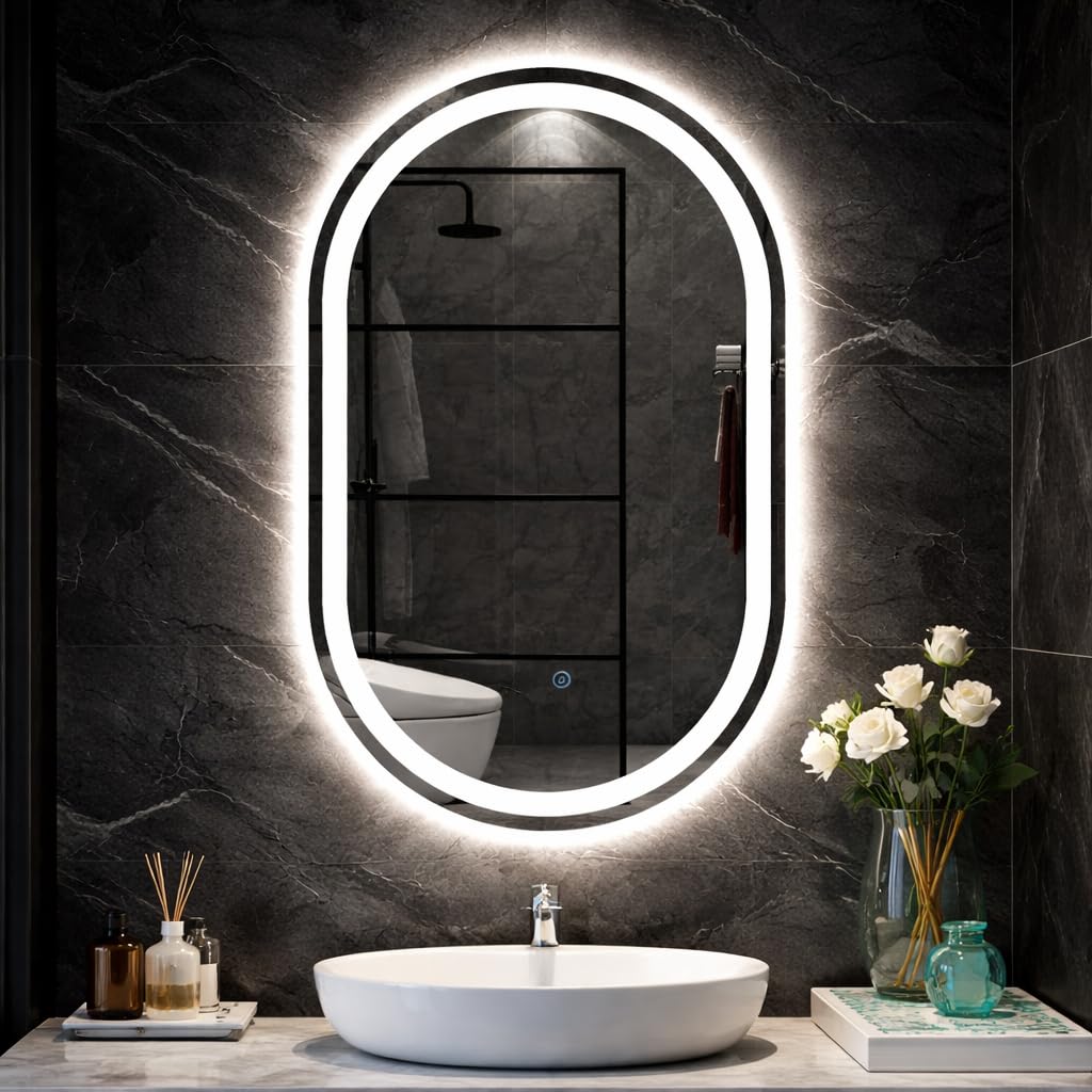 LED Bathroom Mirror 18x24 Inch Oval | 3 Color Touch Sensor Light (Warm, Natural, White) | Anti Fog Wall Mounted Vanity Mirror | Modern Bathroom Makeup Shaving Mirror-image-34