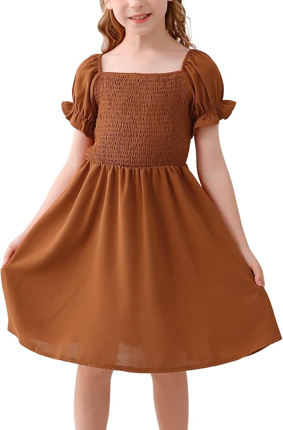 GORLYA Girls Puff Sleeve Square Neck Boho Frilly Smocked Shirred Flared Midi Dress 4-14T