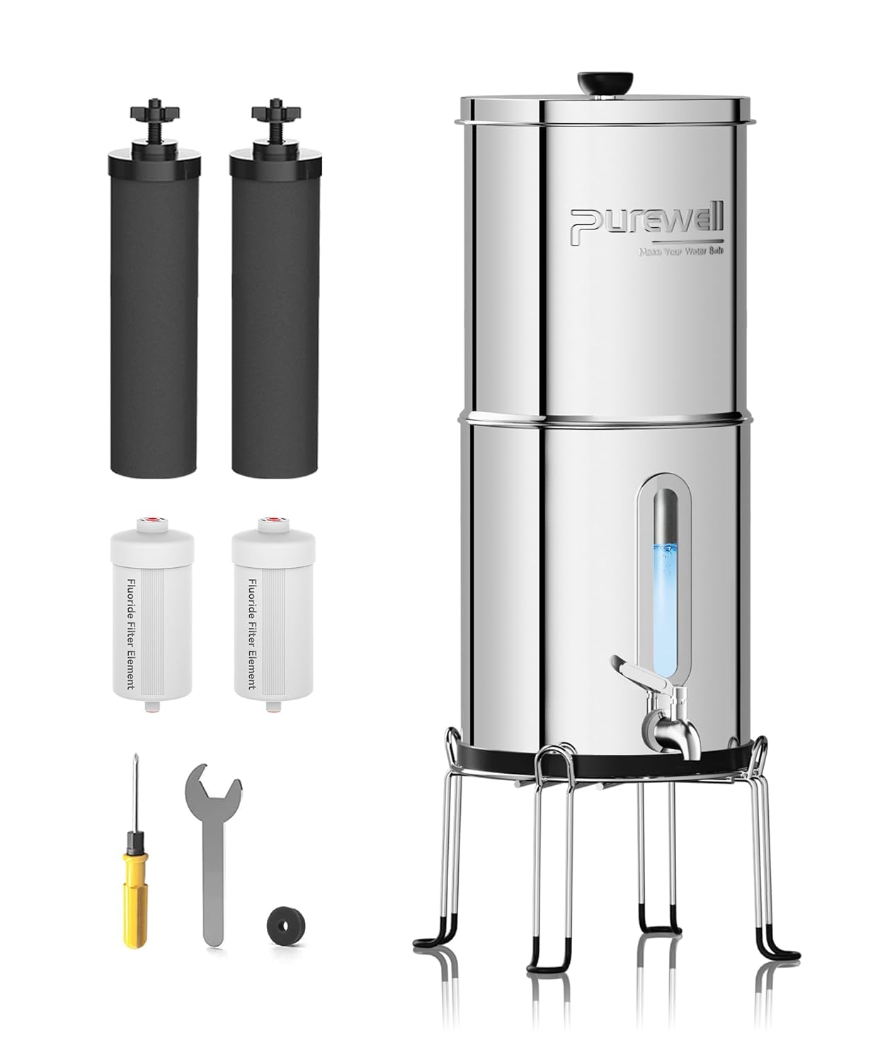 8,5L Gravity Water Filter System – Stainless Steel Countertop Design with 4 Filters, Glass Water Level Window – Reduces Fluoride, Chlorine – for Home, Camping & Emergency Survival