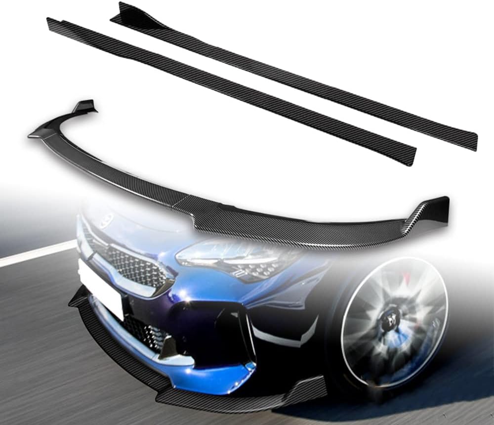 Q1-TECH, 9-Piece Front Bumper Lip & Side Skirt Extensions Diffuser Fit for 2018 2019 2020 2021 2022 2023 Kia Stinger (GT-Line), Front Bumper Lip Spoiler Air Chin Body Splitter ABS (Painted Carbon)