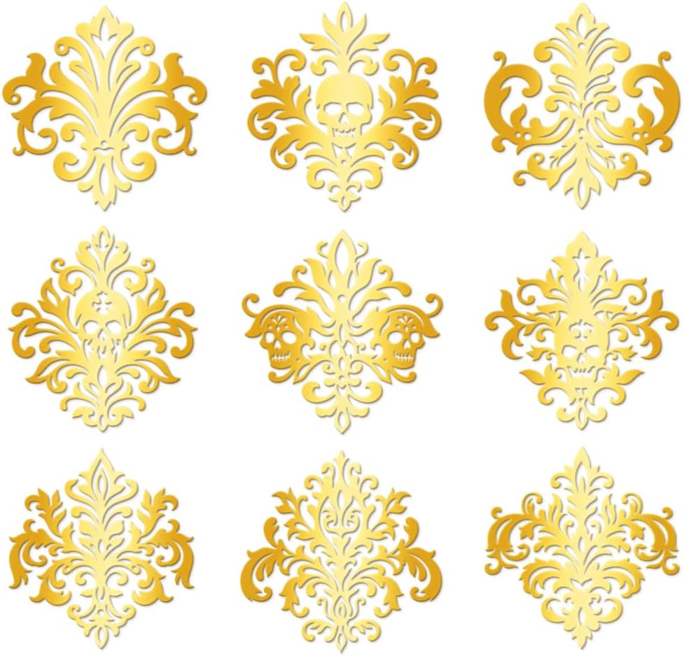 9Pcs Golden Self Adhesive Stickers Damask Skull Metal Decals Floral Waterproof Decorate Sticker for Scrapbooks DIY Resin Crafts Phone Water Bottle Decoration