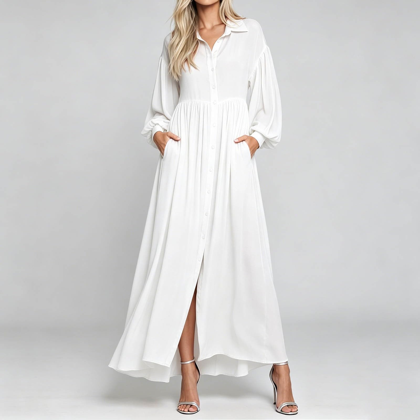 Vestido de verano para mujer, corte holgado, vestido de manga larga, cuello vuelto, vestido maxi, mangas de farol, vestido de noche, vestido de cóctel, vestido de cóctel para mujer, vestido envolvente