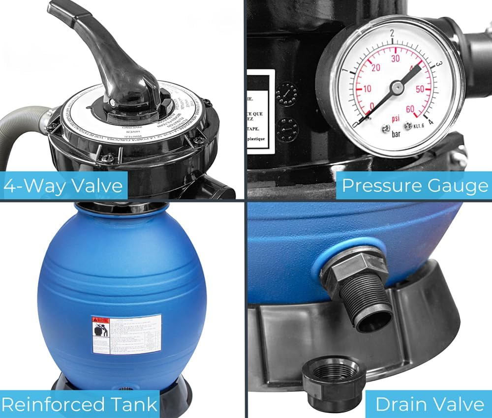 Rx Clear 12-Inch Above Ground Pool Sand Filter System | 1/3 HP Pump | 42 lb Sand Capacity | Fits Pools Up to 4,000 Gallons | Includes: Hoses, Clamps & Universal Fittings for Soft-Sided Swimming Pools