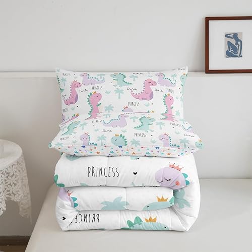 Miniatura 7 de Erosebridal Juego de edredón de dinosaurio, juegos de ropa de cama de dinosaurios rosas y morados para niños y niñas, bonito edredón de animales