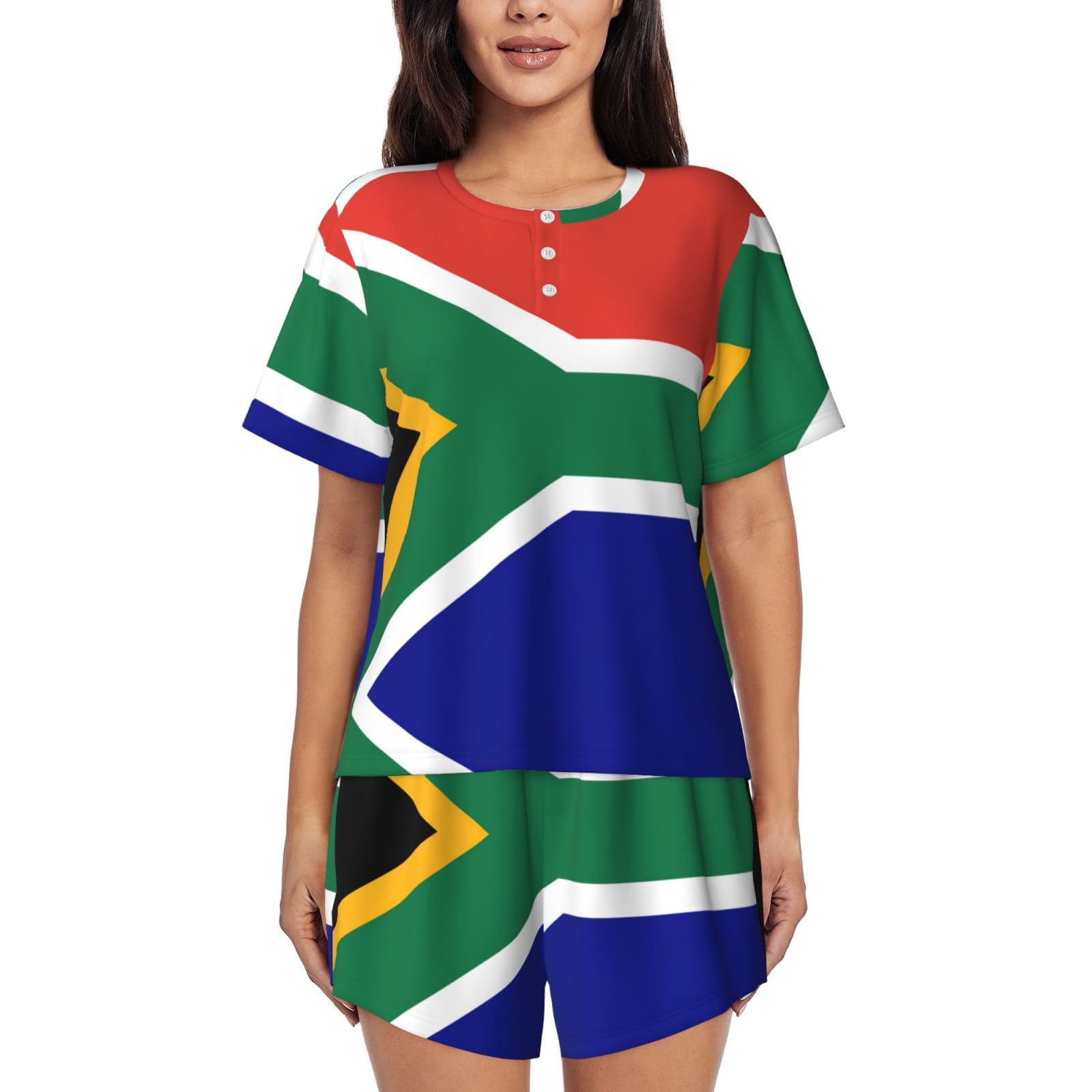 Hdskfns Women's Black South African Flag Print Pajamas For Set 2-Piece Sleepwear Short Sleeve Loungewear For Casual Home Wear, M