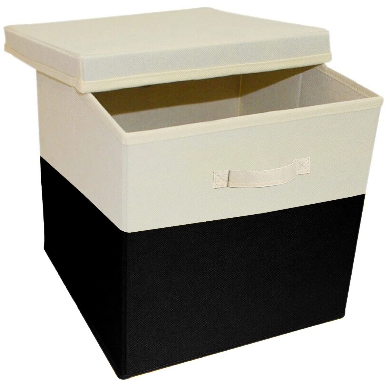 A406 2x Foldable Storage Boxes with Lid Storage Basket with Lid Fabric Cubes with Handles Collapsible Fabric Organiser Clothes Storage Box (Large-30x30x30cm, Beige/Black) — image 1