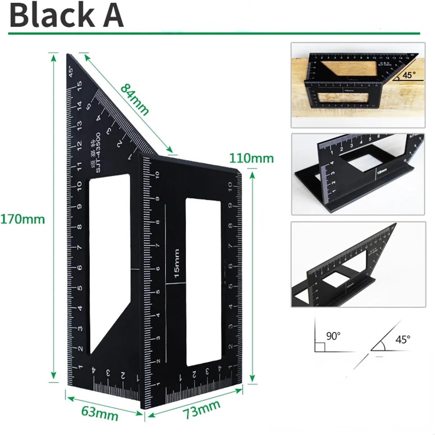 Multifunctional T-Shaped Woodworking Ruler Measuring Tool Aluminum Alloy Right Angle 45 Degree Scoring Guide Ruler Caliper (Color : Black A)