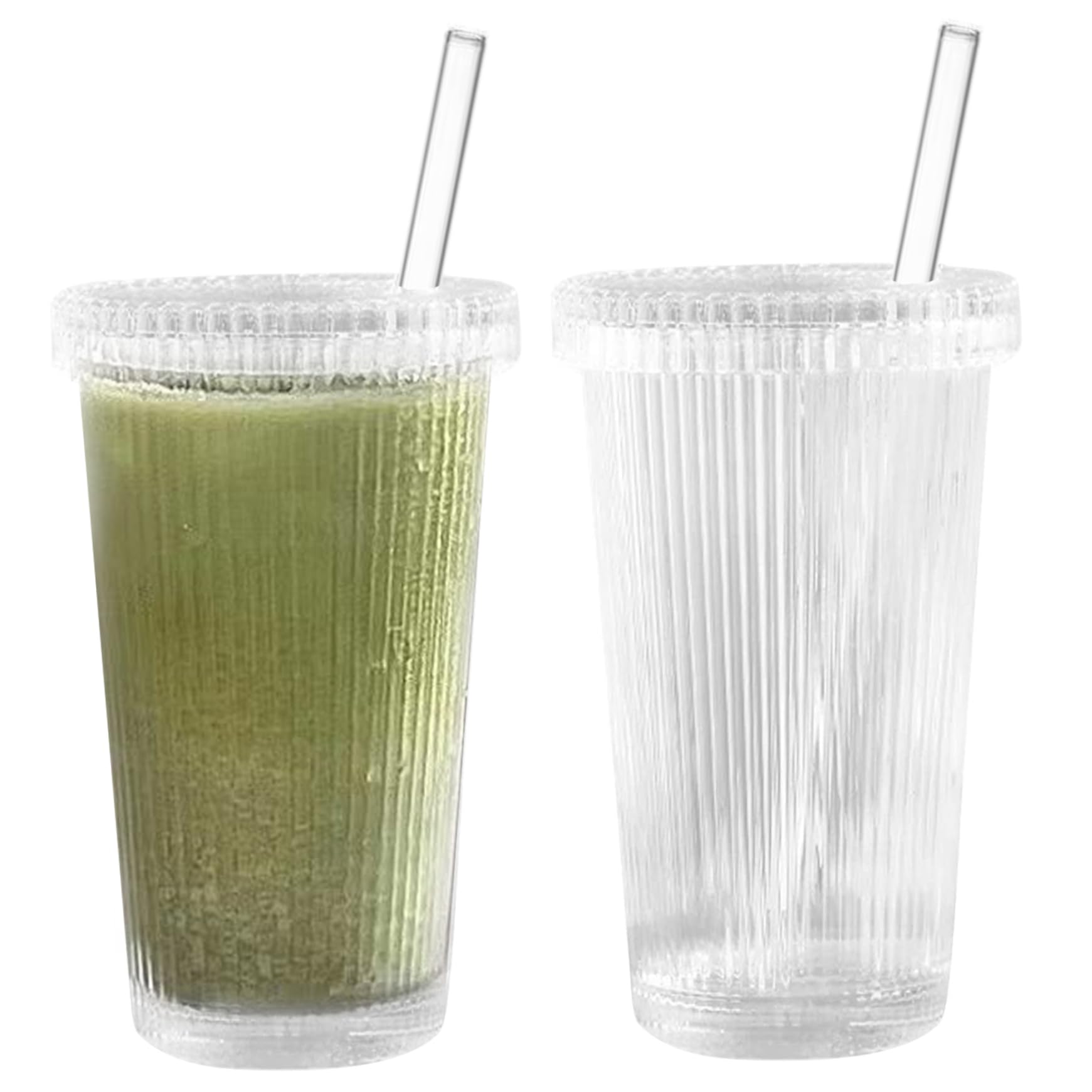 Tasses en verre nervuré pour café glacé et boisson fraîche avec couvercles et pailles