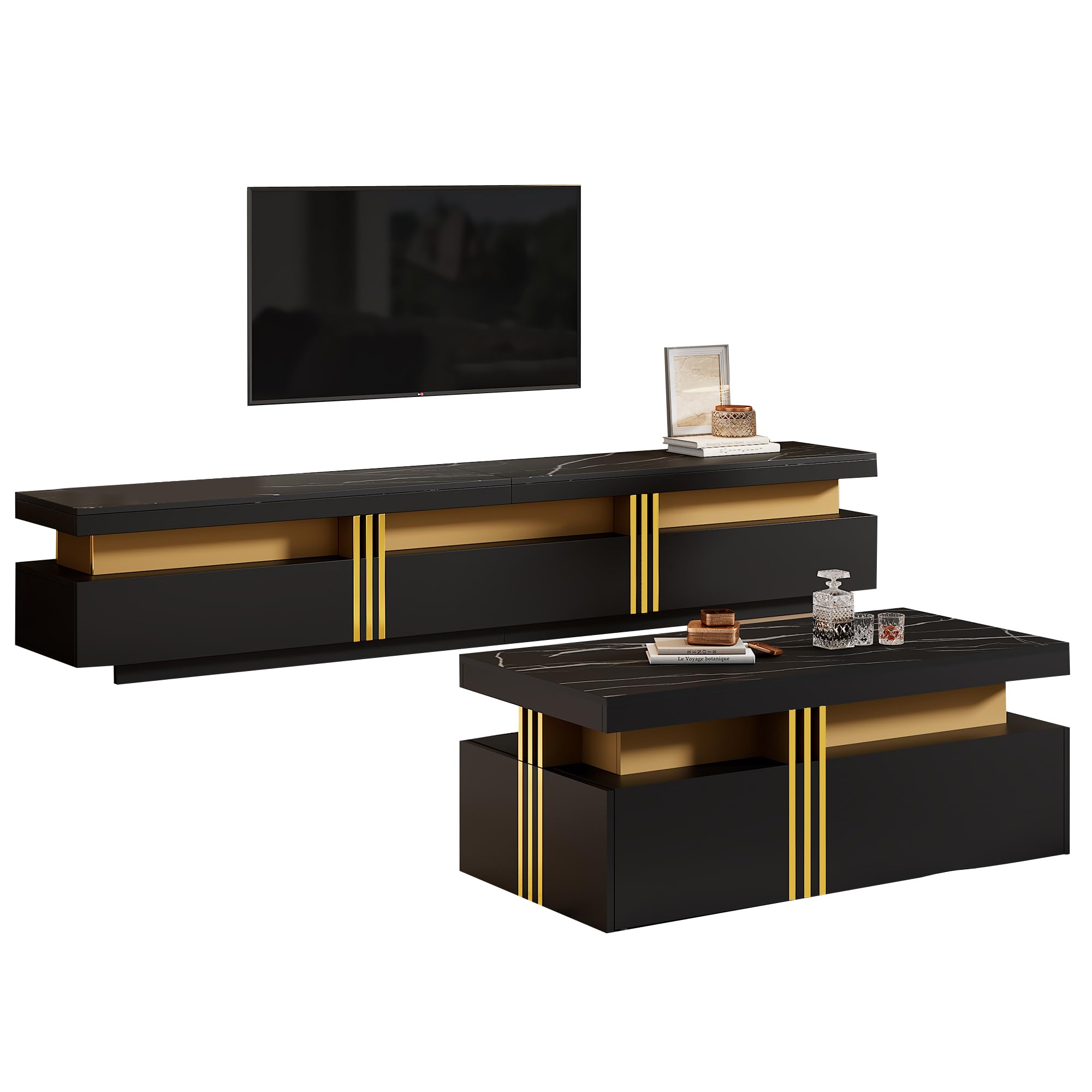 BTM Schwarze TV-Wandkombination, Wohnzimmer-Wandkombination, Couchtisch + TV-Schrank, multifunktionale Schrankkombination