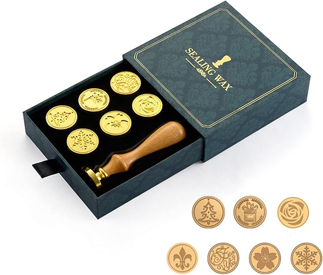 Wax Seal Stamp Set, 7 PCS Retro Removable Sealing Copper Head with 1PC Wooden Handle, Wax Stamp Kit for Cards Envelopes, Invitations (Green Gift Box)