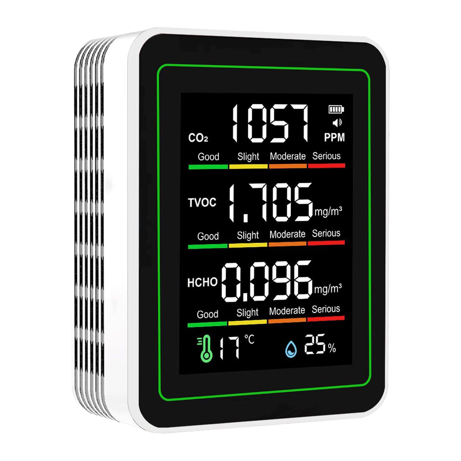 Photo 1 of 5-in-1 Indoor Air Quality Monitor, Portable CO2 Detector with LCD Color Screen, Formaldehyde HCHO TVOC Temperature Humidity Tester, USB Rechargeable Air Quality Meter for Home Office Car Travel